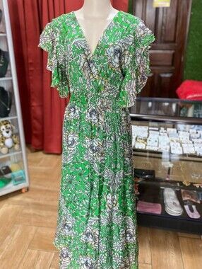 Le Ragazze Italian Made Floral Green V-Neck Flutter Sleeve Maxi Dress M